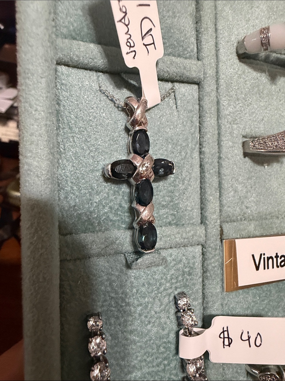 Sterling silver blue sapphire cross necklace